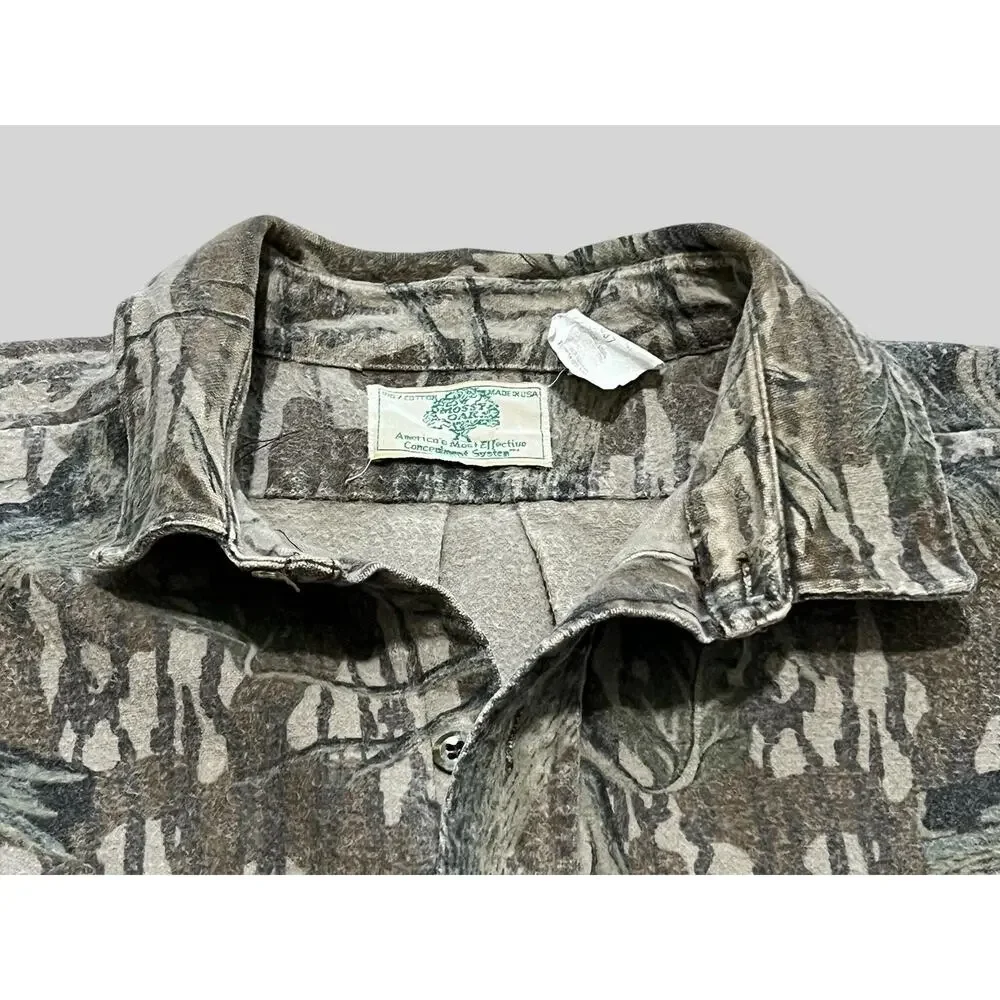 Vintage 80s Mossy Oak Tree Stand Camo Chamois Shirt Heavy Flannel Made in USA XL